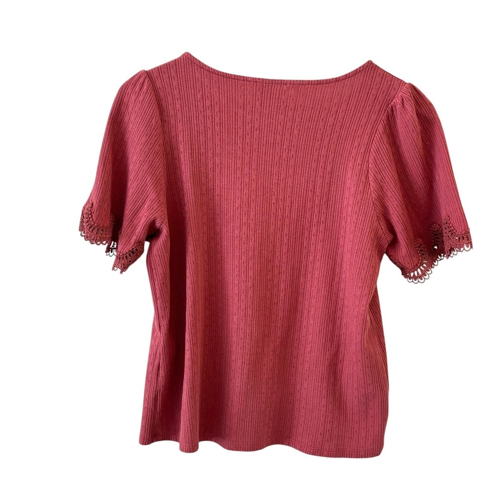Sezane Crochet Puff Sleeve Tee Top Womens Size L Pink Jersey Feminine Boho - Picture 2 of 9